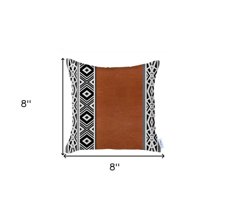 18" Brown Black And White Geometric Faux Leather And Fabric Throw Pillow