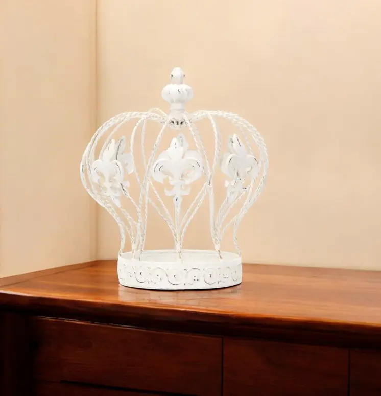 9" White Metal Hand Painted Decorative Crown Tabletop Sculpture