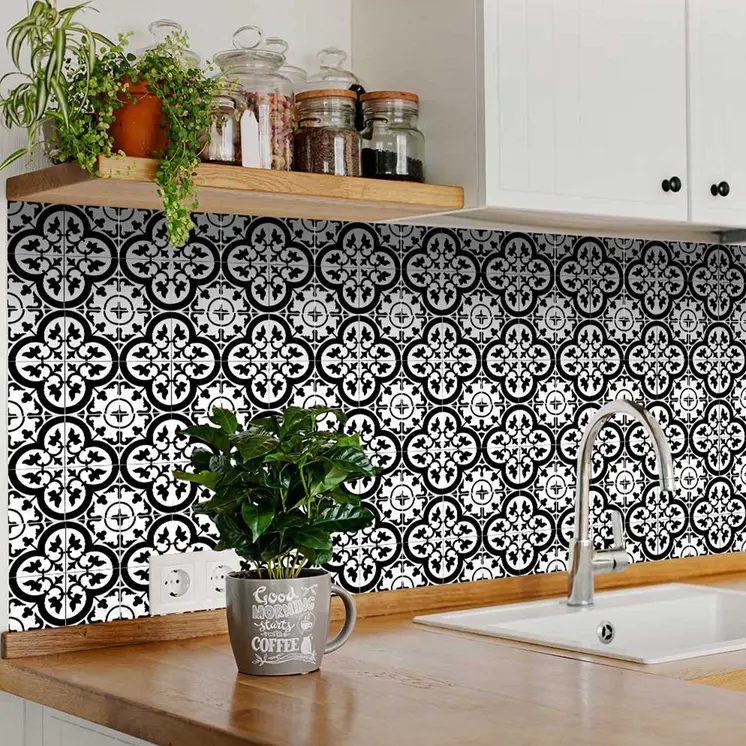 8" X 8" Black and White Roka Peel and Stick Removable Tiles