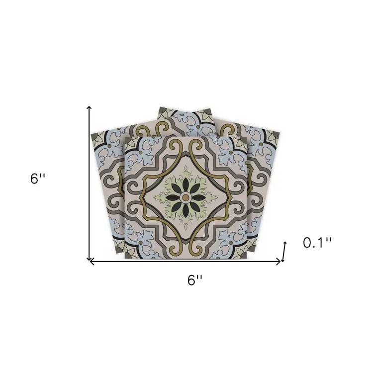 6" X 6" Taupe and Blue Scroll Peel and Stick Tiles