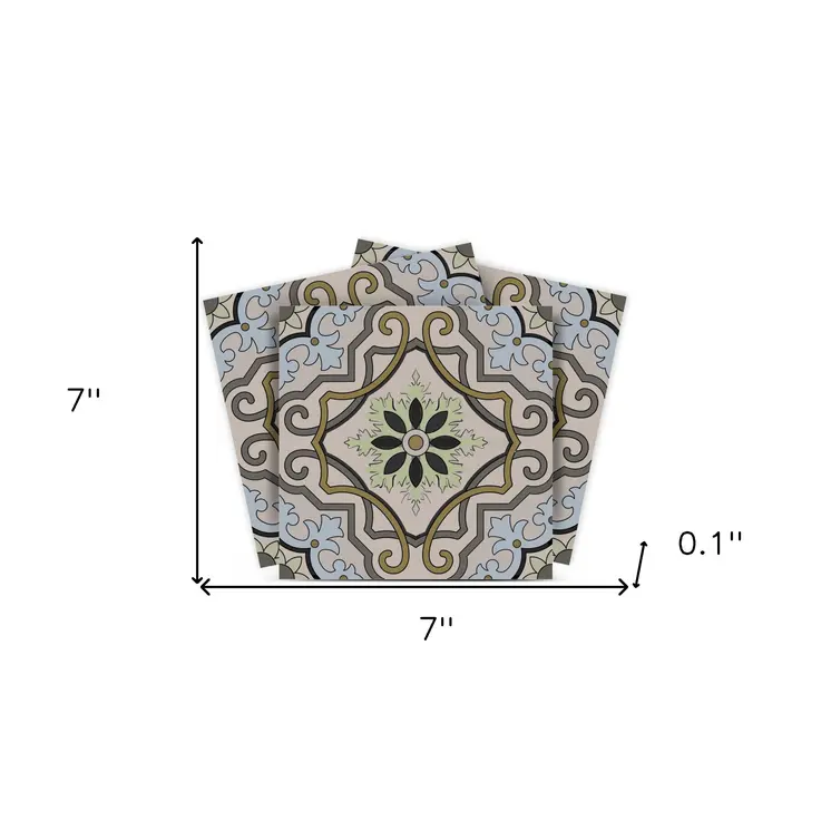 7" X 7" Taupe and Blue Scroll Peel and Stick Tiles