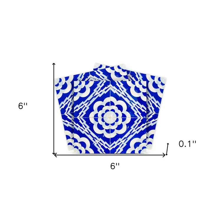 6" X 6" Blue And White Gerbera Peel And Stick Removable Tiles