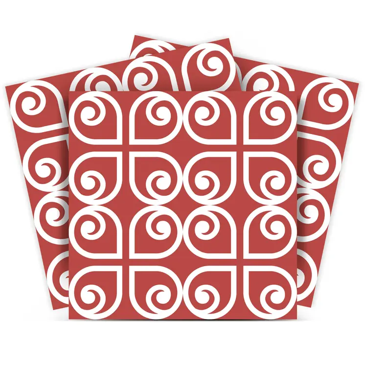 6" x 6" Brick Red And White Scroll Peel and Stick Removable Tiles