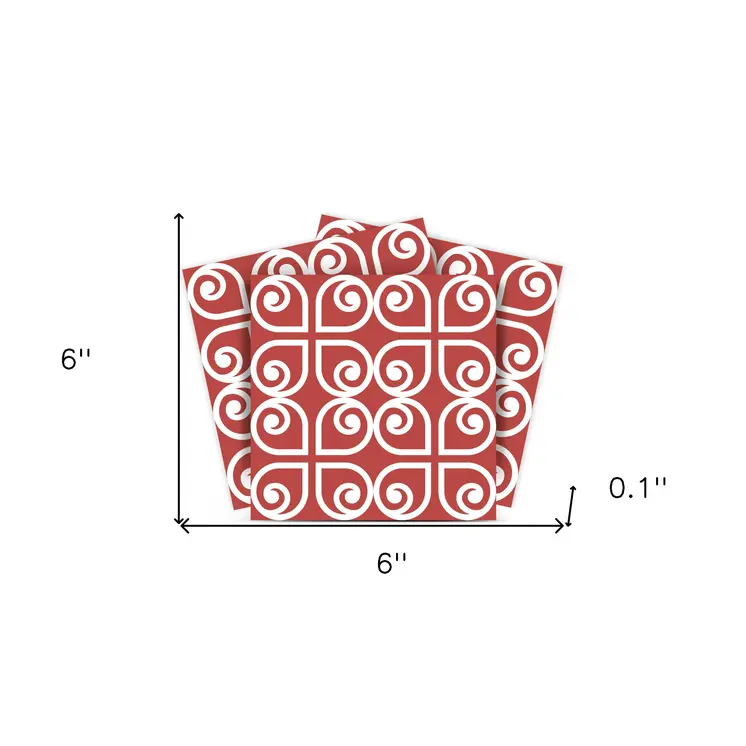 6" x 6" Brick Red And White Scroll Peel and Stick Removable Tiles