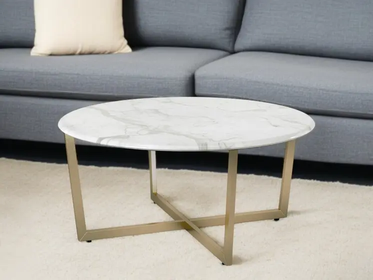 36" White and Gold Wood And Metal Round Cross Legs Coffee Table