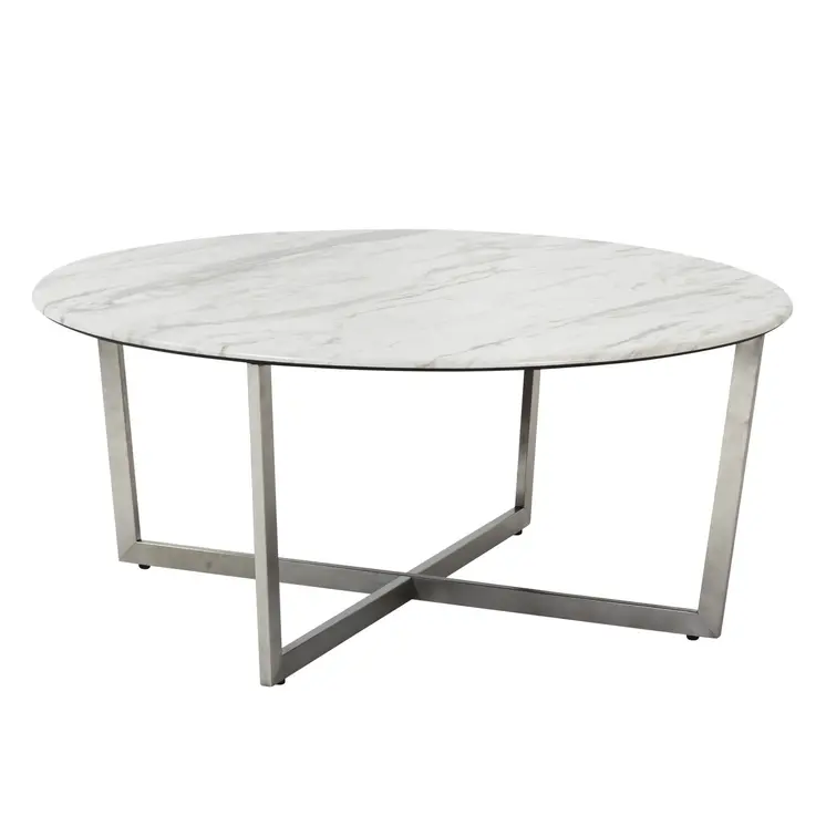 36" White and Silver Wood And Metal Round Cross Legs Coffee Table