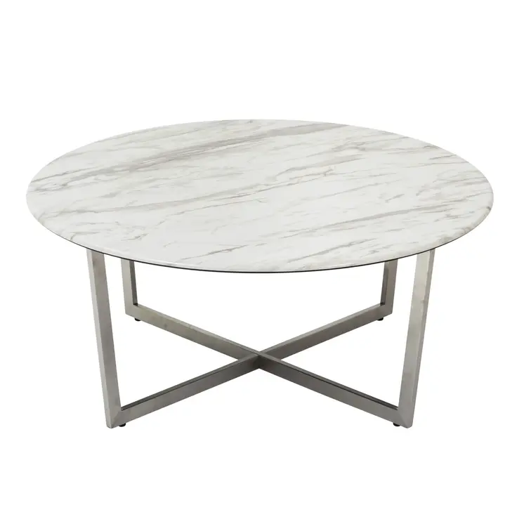 36" White and Silver Wood And Metal Round Cross Legs Coffee Table