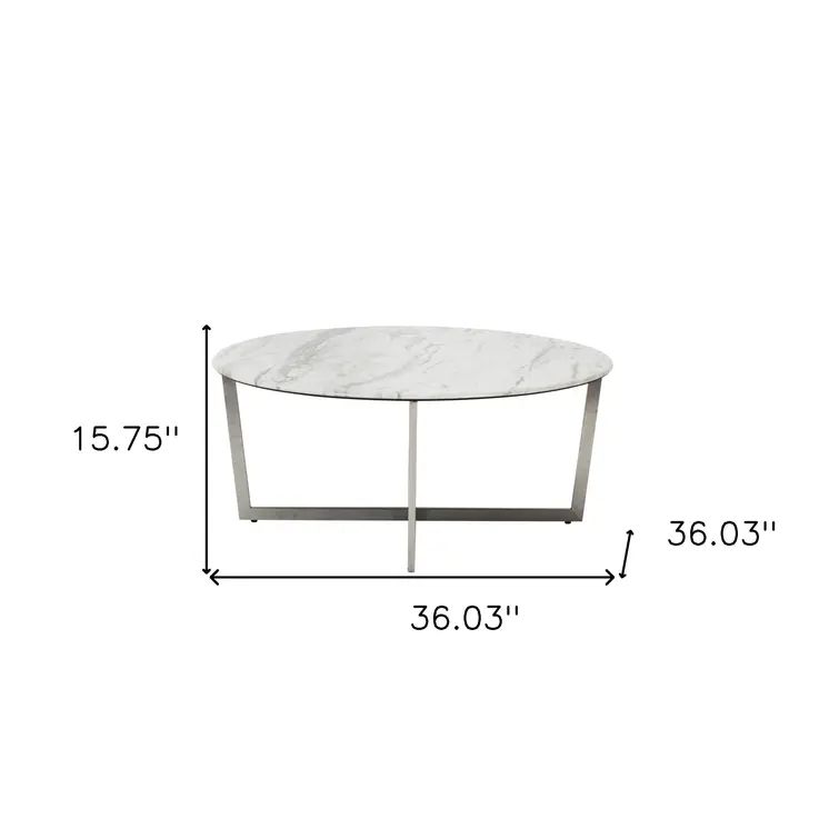 36" White and Silver Wood And Metal Round Cross Legs Coffee Table