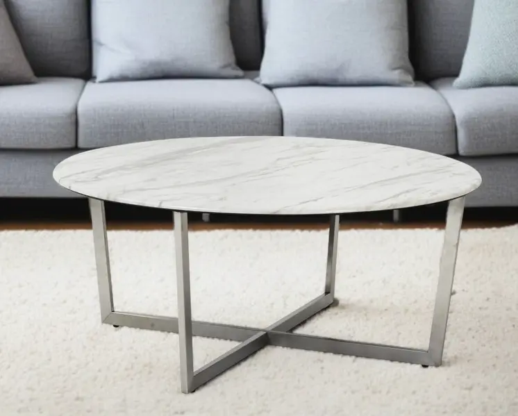 36" White and Silver Wood And Metal Round Cross Legs Coffee Table