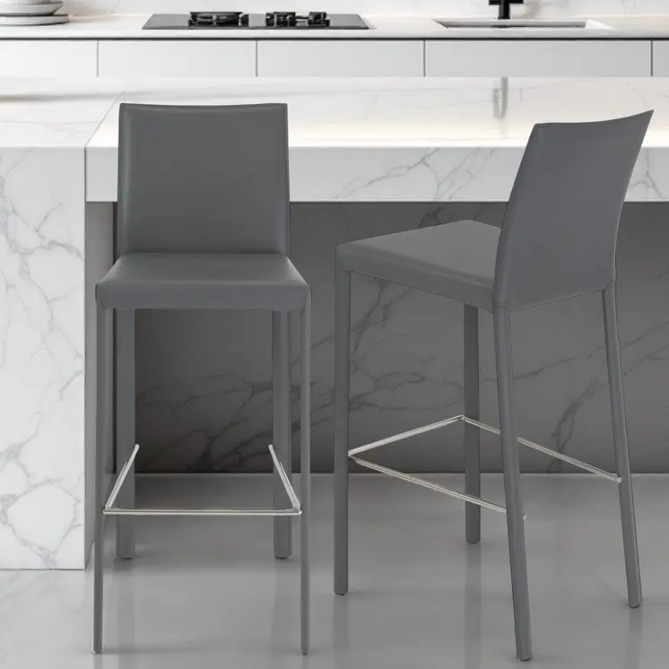 Set of Two 30" Gray Faux Leather and Steel Bar Height Bar Chairs