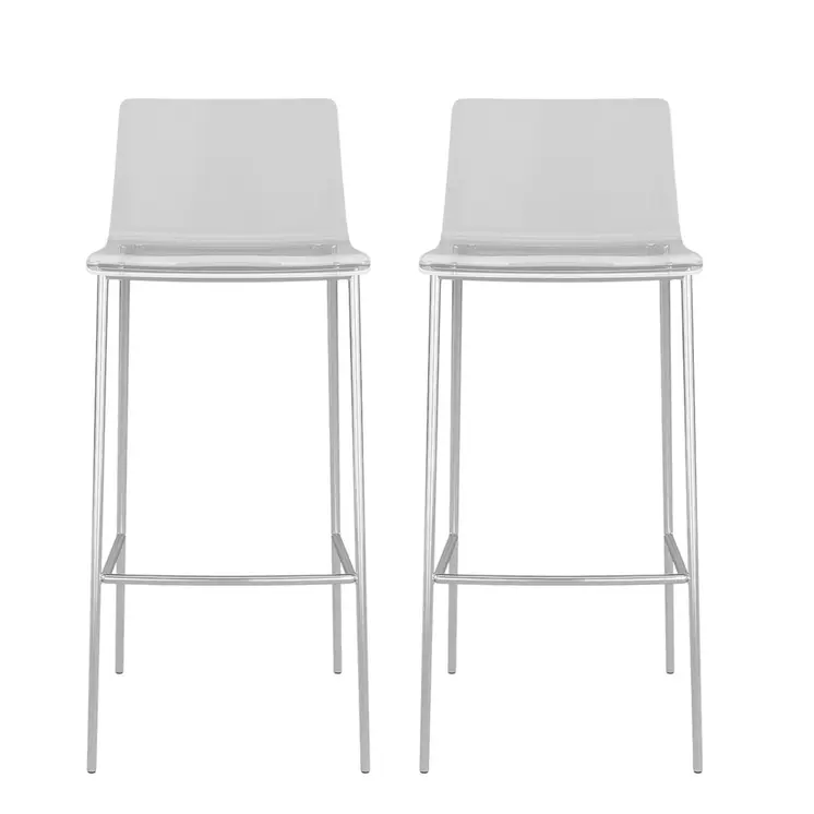 Set of Two 30" Clear And Silver Plastic Low Back Bar Height Bar Chairs