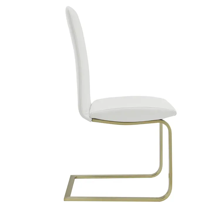 Set of Two White and Gold Upholstered Leather Dining Side Chairs