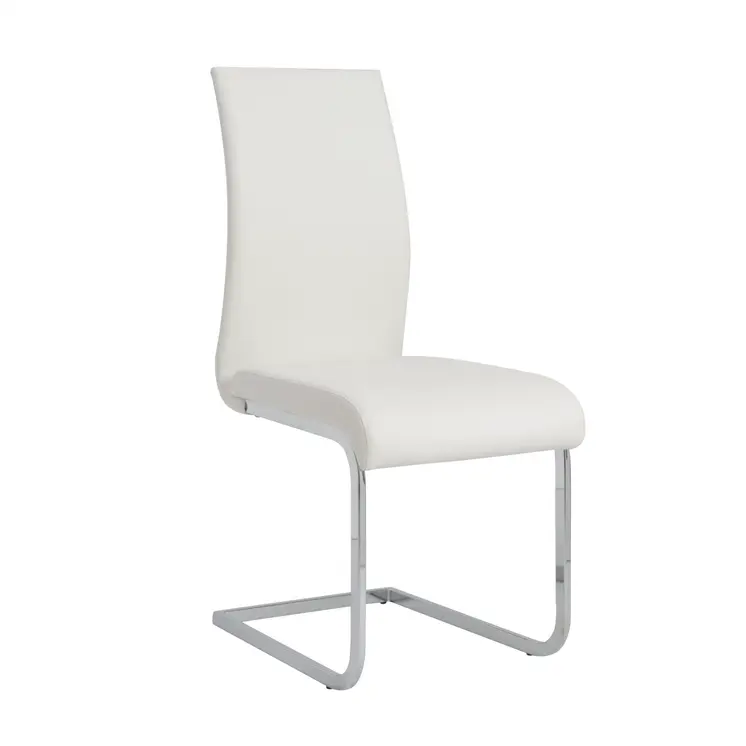 Set of Four White and Silver Upholstered Leather Dining Side Chairs
