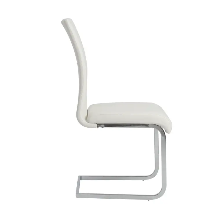 Set of Four White and Silver Upholstered Leather Dining Side Chairs