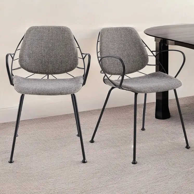 Set of Two Light Gray and Black Upholstered Fabric Dining Arm Chairs