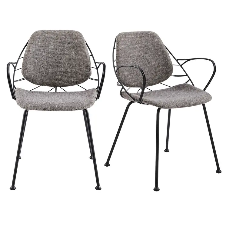 Set of Two Light Gray and Black Upholstered Fabric Dining Arm Chairs