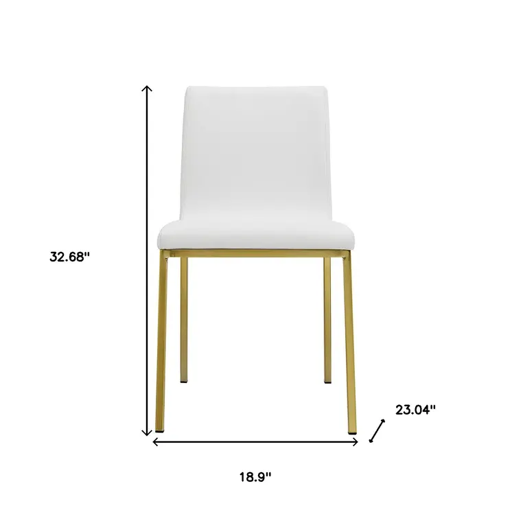 Set of Two White and Gold Upholstered Leather Dining Side Chairs