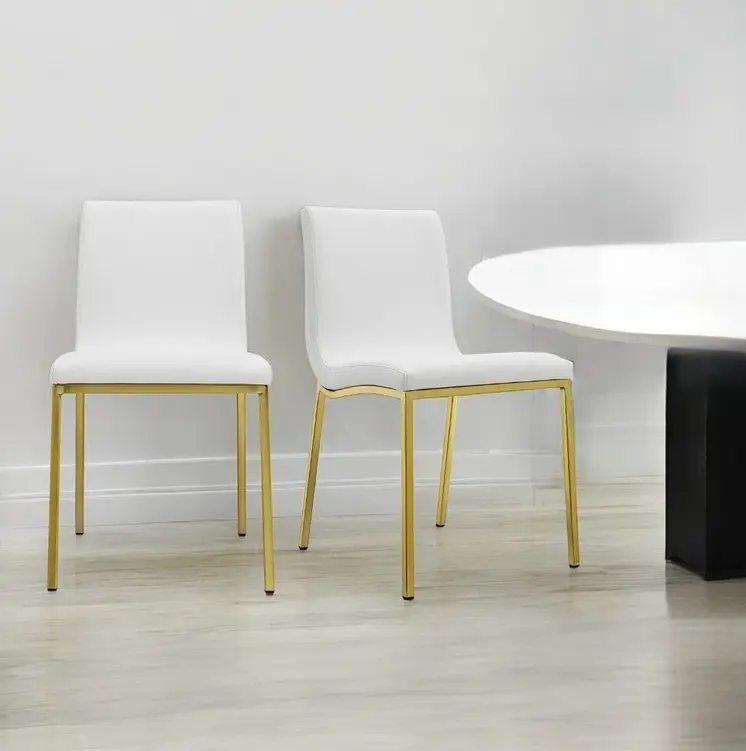 Set of Two White and Gold Upholstered Leather Dining Side Chairs