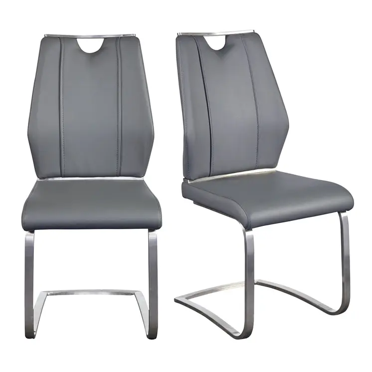 Set of Two Gray and Silver Upholstered Leather Dining Side Chairs