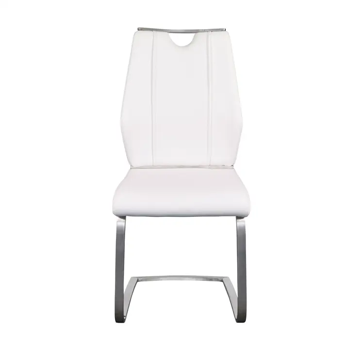 Set of Two White and Silver Upholstered Leather Dining Side Chairs