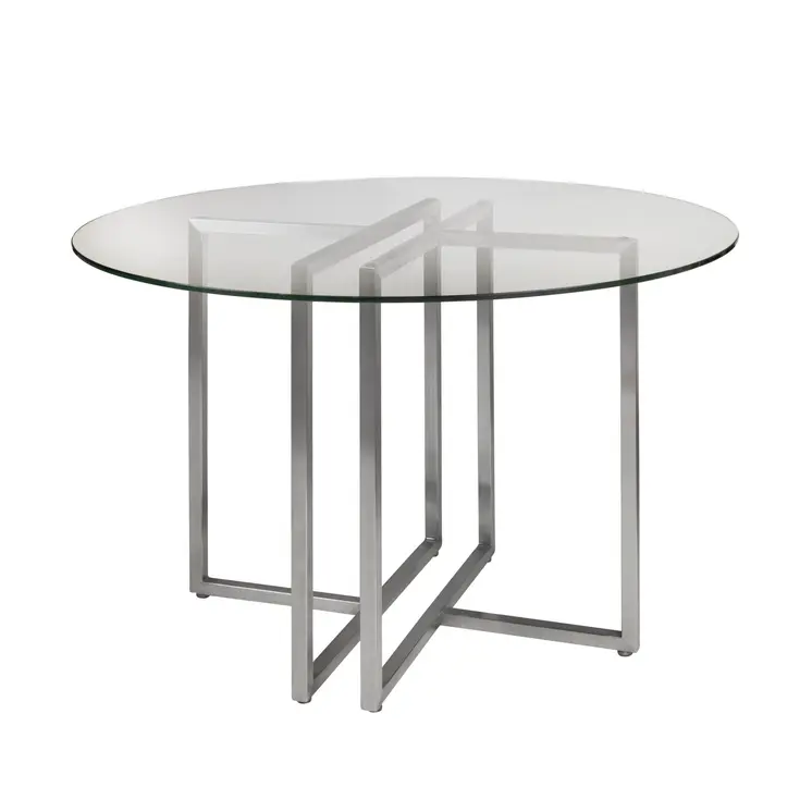 42" Clear And Silver Rounded Glass And Metal Trestle Base Dining Table