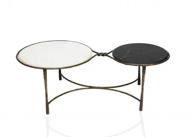 48" Black Ivory and Brass Genuine Marble and Iron Round Frame Coffee Table