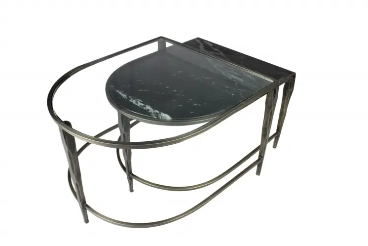 Set of Two Clear and Gold Glass and Iron Oval Frame Nested Coffee Tables