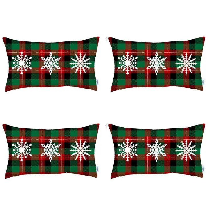 Set of 4 Christmas Snowflake Trio Plaid Lumbar Throw Pillows