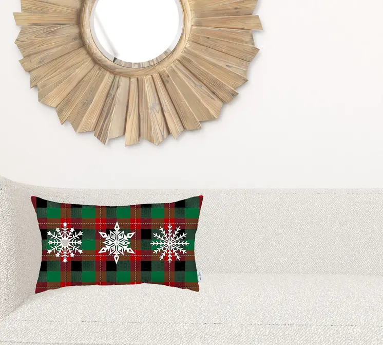 Christmas Snowflake Trio Plaid Lumbar Pillow Cover