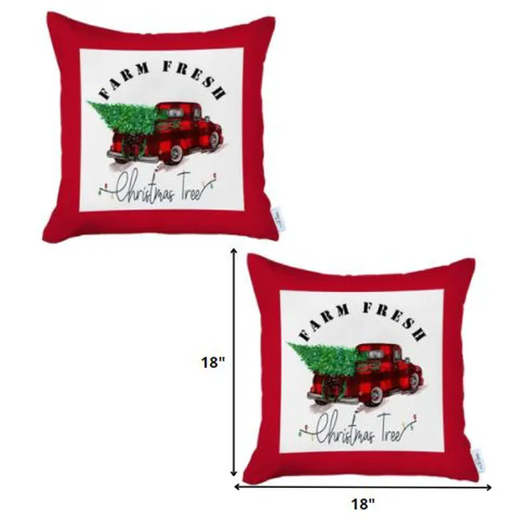 Set of Two 18" Red and White Farm Fresh Christmas Tree Holiday Red Truck Fabric Throw Pillow Covers
