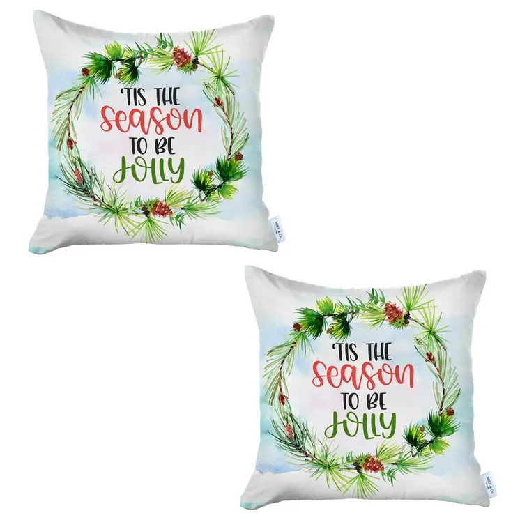 Set of Two 18" White and Green Tis the Season To Be Jolly Christmas Wreath Fabric Throw Pillow Covers