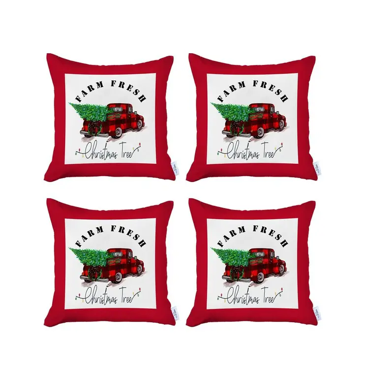 Set of Four 18" Red White and Black Farm Fresh Christmas Tree Christmas Holiday Red Truck Plaid Fabric Throw Pillow Covers