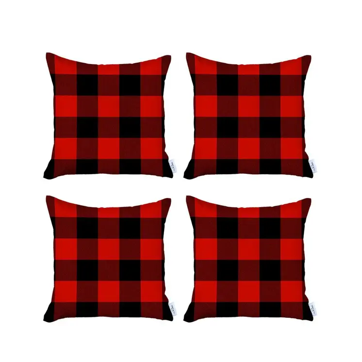 Set of Four 18" Red and Black Plaid Fabric Throw Pillow Covers