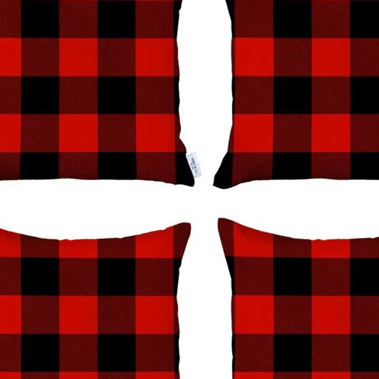 Set of Four 18" Red and Black Plaid Fabric Throw Pillow Covers