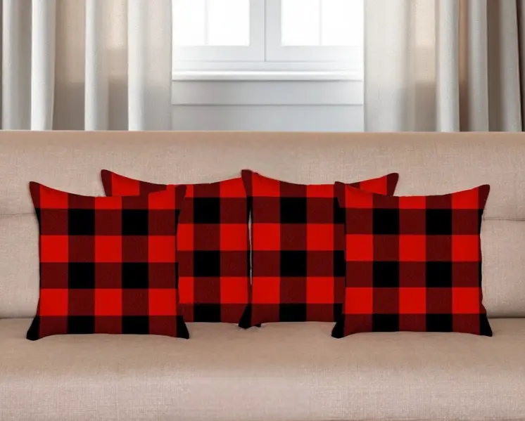 Set of Four 18" Red and Black Plaid Fabric Throw Pillow Covers