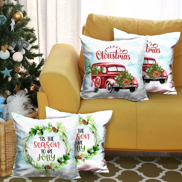 Set of Four Green Christmas Christmas Tree Fabric Throw Pillow Covers