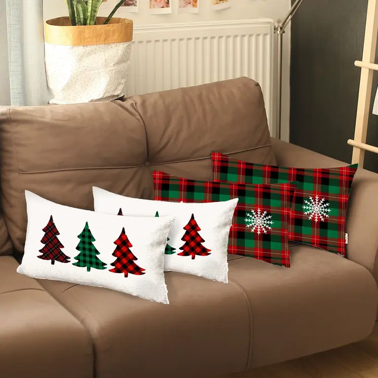 Set of Four Green Red And Black Christmas Christmas Trees Fabric Lumbar Throw Pillow Covers