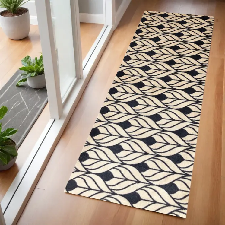 2' X 6' Graphite and Tan Abstract Leaves Washable Runner Rug