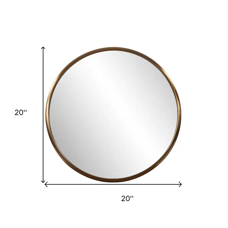 20" Antiqued Brass Round Metal Framed Accent Mirror