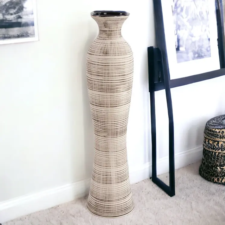 31" Beige And Brown Striped Bud Ceramic Floor Vase
