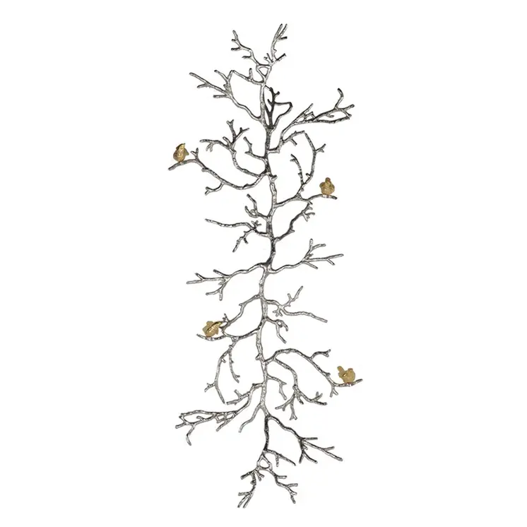 44" Silver And Gold Aluminum Branches And Birds Hanging Dimensional Sculpture