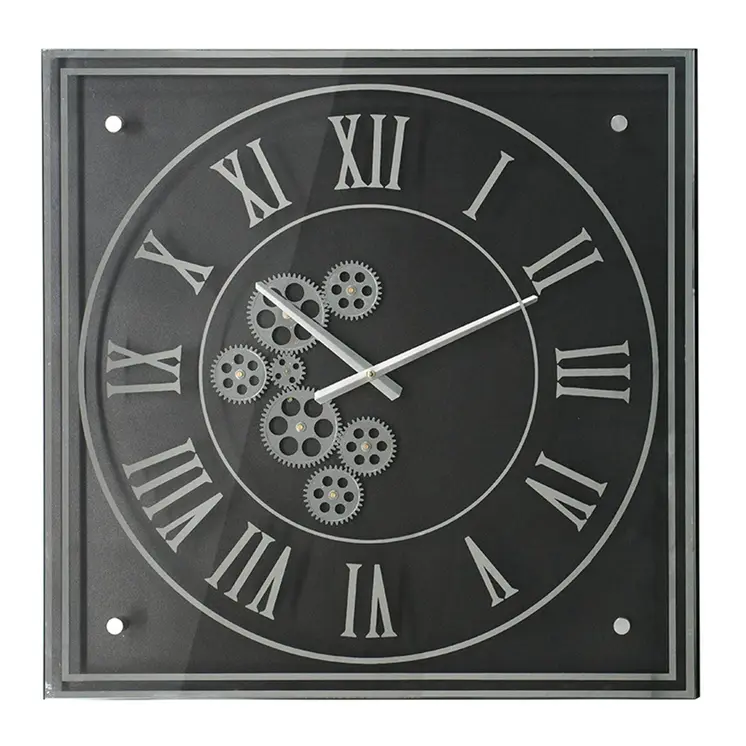 24" Black and Silver Vintage Style Gears Square Wall Clock
