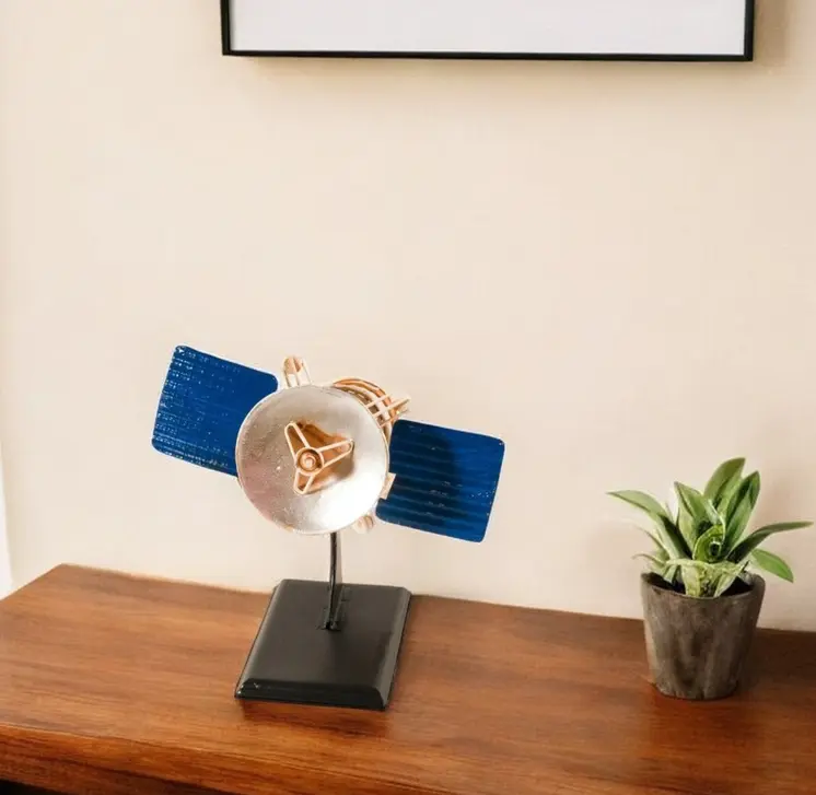 8" Blue And Yellow Metal Hand Painted Model Airplane Tabletop Sculpture