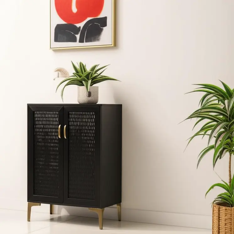 Modern Rustic Black Gold and Faux Rattan Bar Cabinet