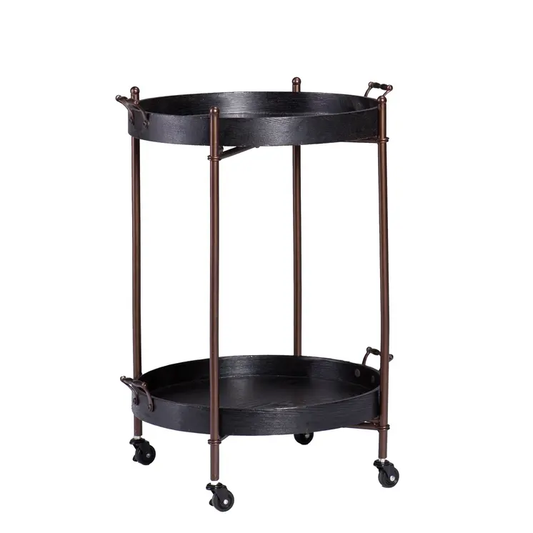 21" Black And Bronze Wood And Iron Round Rolling Bar Cart