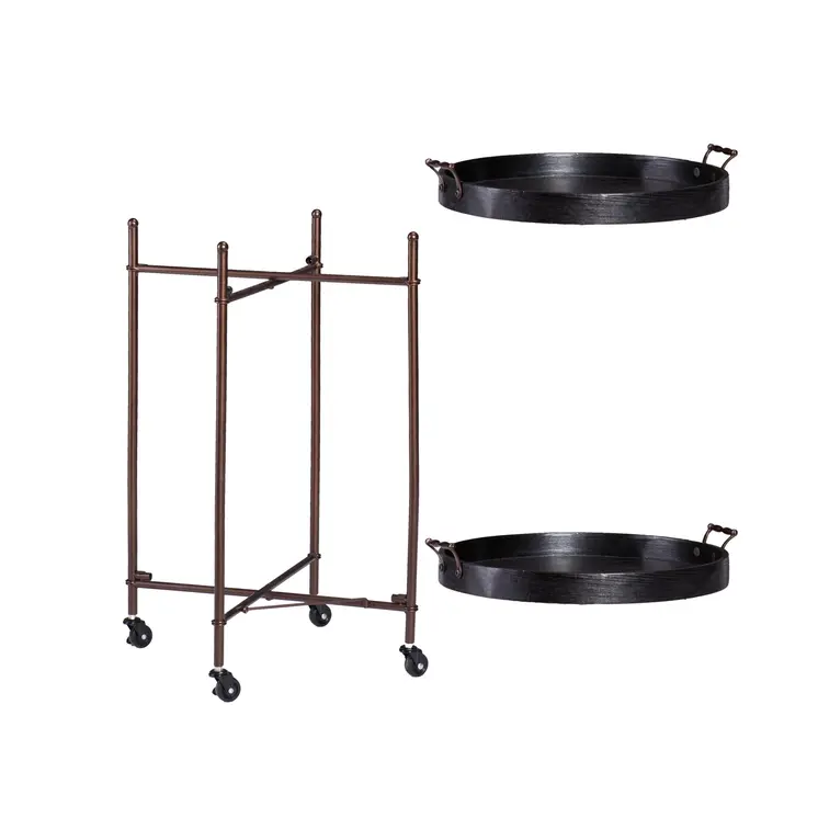 21" Black And Bronze Wood And Iron Round Rolling Bar Cart
