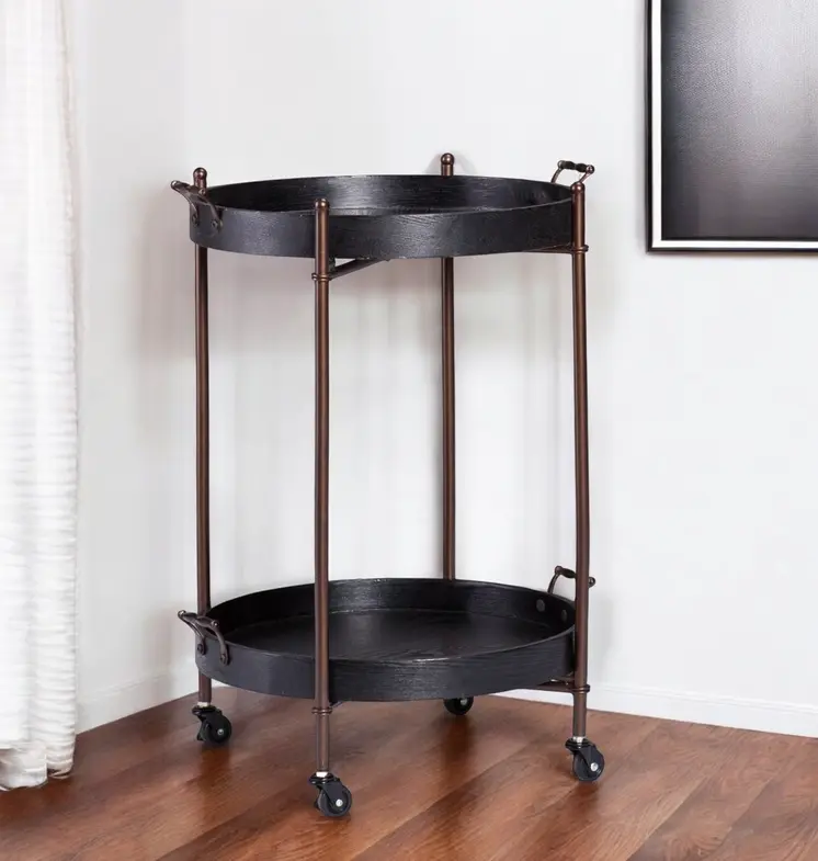 21" Black And Bronze Wood And Iron Round Rolling Bar Cart