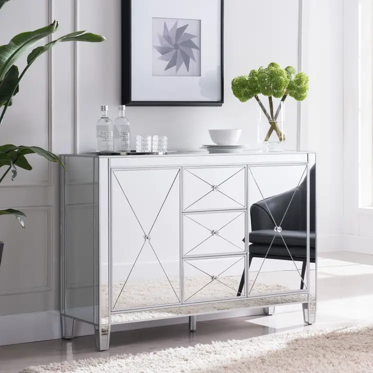 50" Silver Wood and Glass Three Drawer Credenza with Two Doors