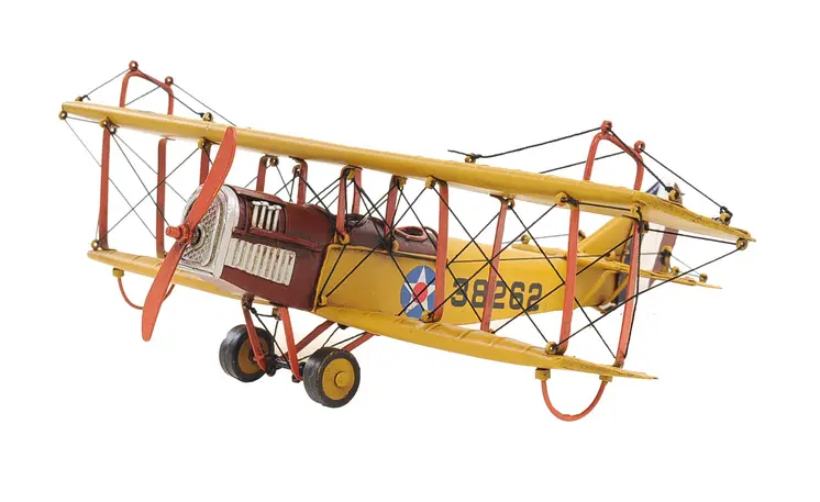4" Yellow Metal Hand Painted Model Airplane Tabletop Sculpture