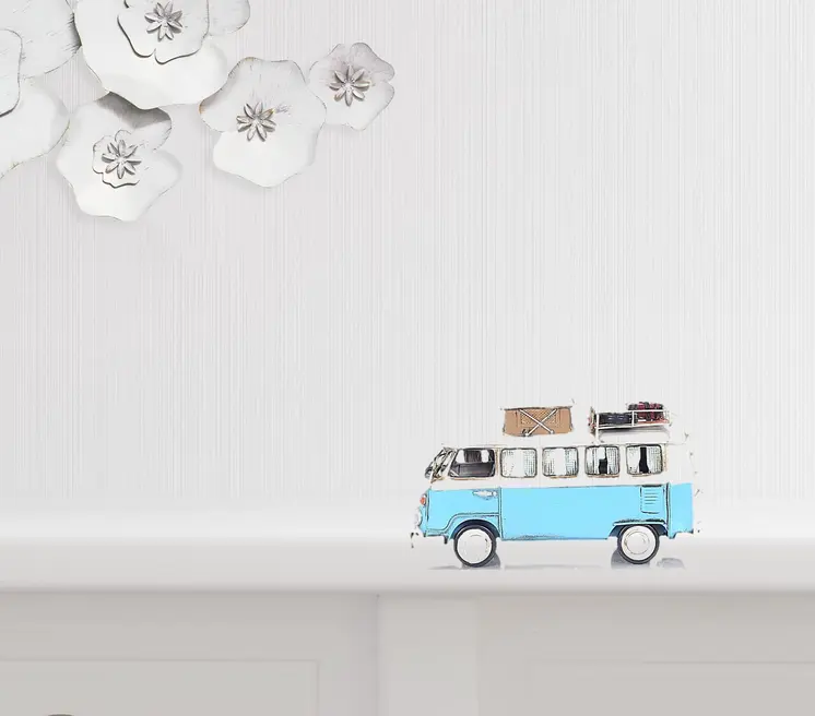 6" Blue And White Metal Volkswagen Bus Sculpture